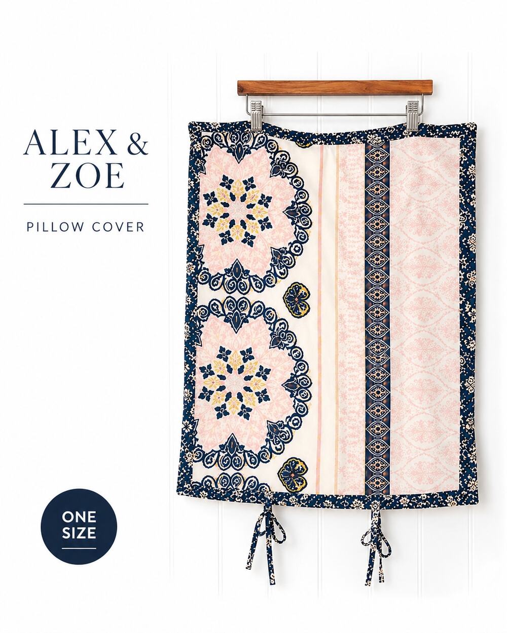 Alex & Zoe Blue Ivory Medallion Floral Border Print Pillow Cover 22x28.5